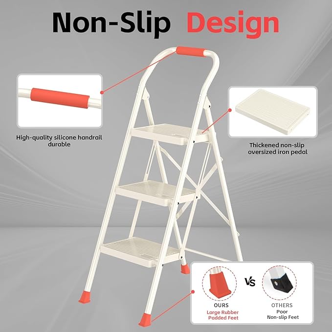 Foldable Step Ladder Folding Stool - 600Lbs Heavy Duty with Handrails for Home Adults Kitchen 3 Stepping Extension Tall - Indoor House Closet Stepstool Stair Ladders Extendable Stepladder