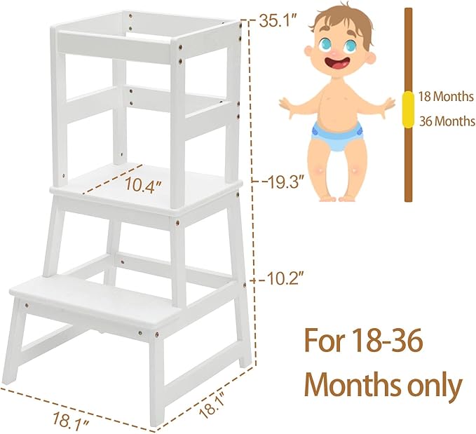 Kids Kitchen Step Stool for Kids with Safety Rail,Solid Wood Construction Toddler Learning Stool, Montessori Toddlers Kitchen Stool Tower (White)