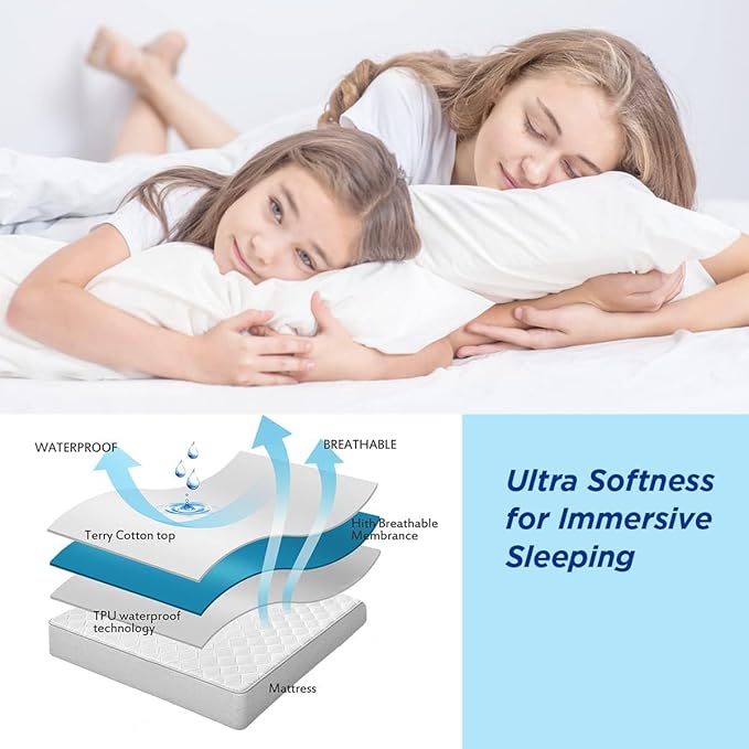 Waterproof Mattress Protector, Twin Size Terry Cotton Mattress Pad Cover Breathable Deep Pocket Fitted Sheet Style 39"x75" +18 Inch Pocket