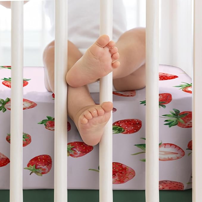 Watercolor Strawberries Baby Crib Sheet 52''x28'' Cute Strawberry Pink Stretchy Fitted Crib Mattress Covers for Boy Girl Boho Summer Fruits Soft Baby Sheets for Standard Crib and Toddler Mattress