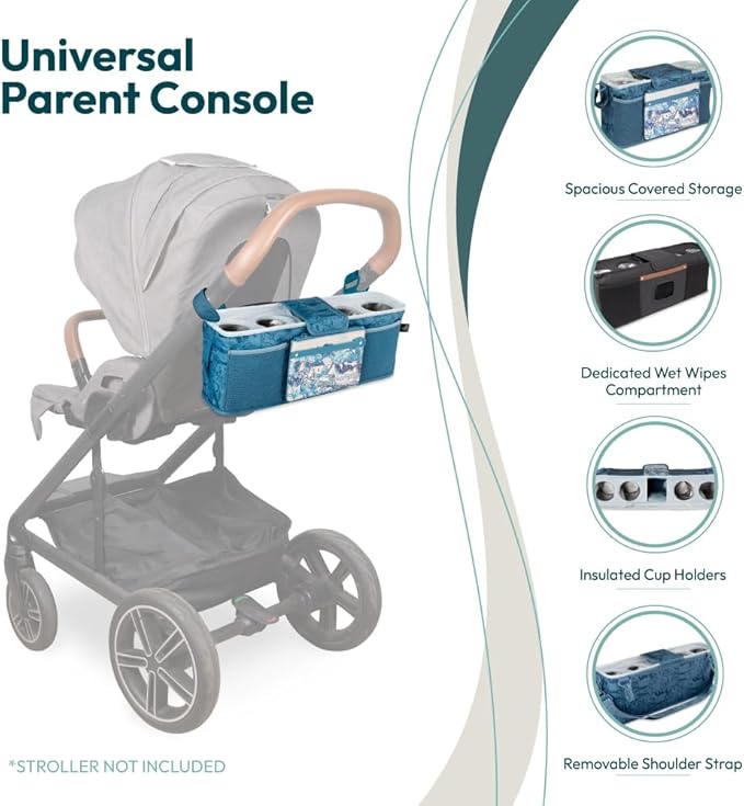 WONDERFOLD Universal Parent Console Stroller Organizer with Insulated Cup Holders, Hook & Loop Closure Handle Attachment, 2 Storage Pockets, Removable Shoulder Strap for Easy Transport