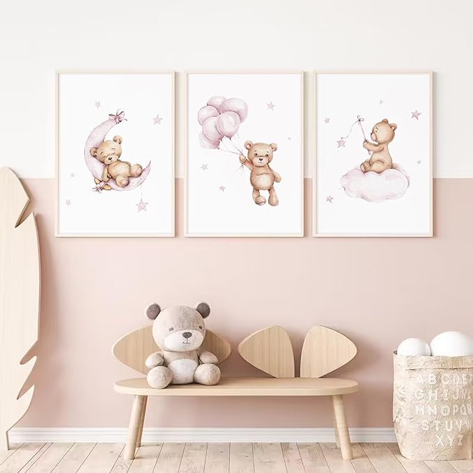 Bear Nursery Wall Art Decor Set of 3 Teddy Bear Wall Art Baby Girl Canvas Wall Decor Pink Pictures Balloon Nursery Children Prints Artwork Moon Star Cloud Art for Boys Room Bedroom 12x16 Inch Unframed