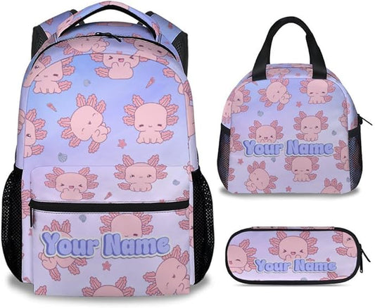 COZYAURA Personalized Backpacks for Girls - 3Pcs Cute Bookbag for Kids - Axolotl School Bag for Girls - Kids Backpacks with Lunch Box Pencil Case Set