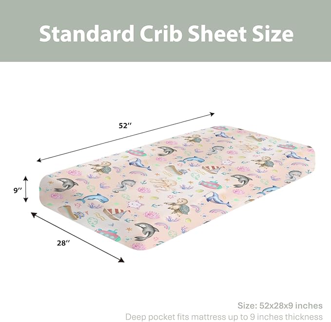 Colorful Ocean Animals Baby Crib Sheets for Boy Girl 52x28Inch Sea Horse Turtle Whale Rainbow Corals Soft Snug Fitted Crib Mattress Cover Marine Life Baby Sheet for Standard Crib & Toddler Mattress