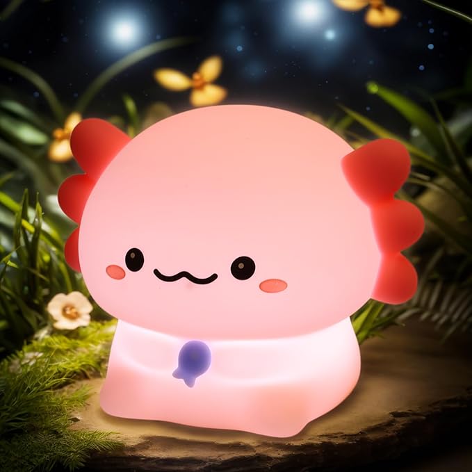 MAGOHMT Axolotl Night Light for Kids - 3-Level Dimmer & Auto-Off Timer, Child-Safe Silicone Lamp, USB-C Rechargeable Nursery Light for Bedroom Breastfeeding (Squishy Animal)