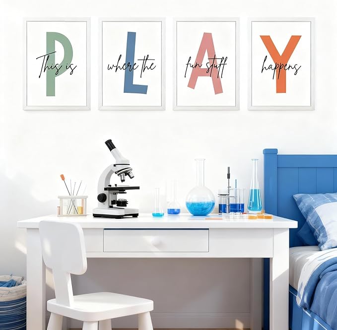 Cute Alphabet Play Framed Wall Art Set of 4, Natural Educational Alphabet Wooden Sign for Baby Girl Kid Boy Toddlers, White Boho Preschool English Letters Nursery Decor for Homeschool Playroom