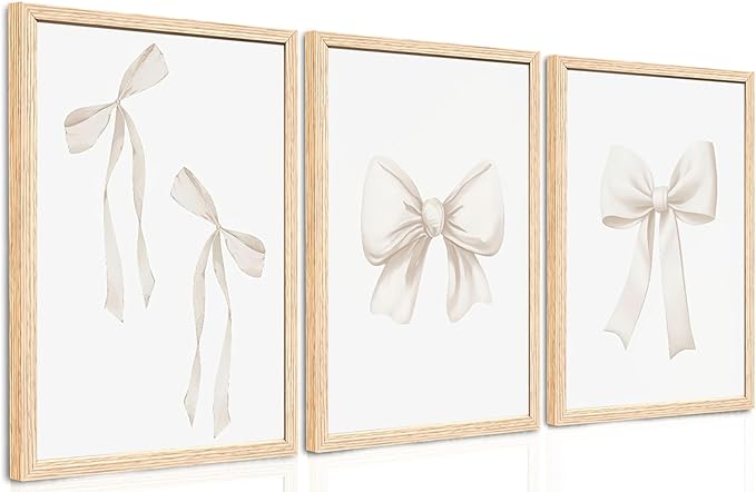 PicturePerfect Decor Bow frame wall art decoration set of 3 pieces beige aesthetic wall art fashion girl bedroom wall decoration beige bow print living room university apartment 16x24 inches