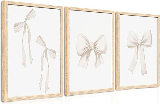 PicturePerfect Decor Bow frame wall art decoration set of 3 pieces beige aesthetic wall art fashion girl bedroom wall decoration beige bow print living room university apartment 16x24 inches