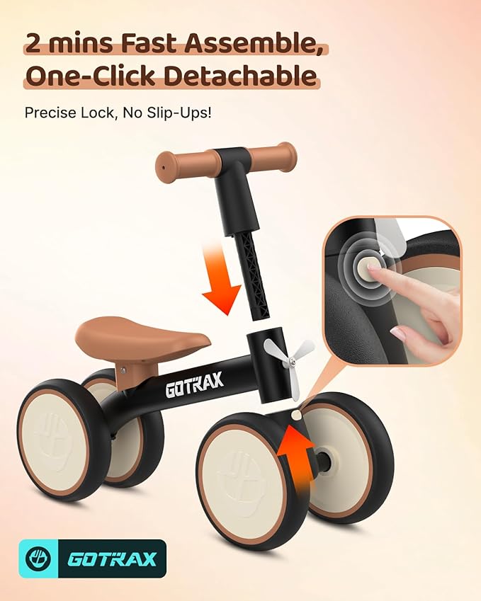 Gotrax Baby Balance Bike 1-2 Years, 7" Front&Rear Silent Wheels, Sturdy Steel Frame 66 lbs Load, Quick 2-Min Assembly, CPC Certified, Comfortable Soft Seat, Toddler Birthday Gift for Boys&Girls Black