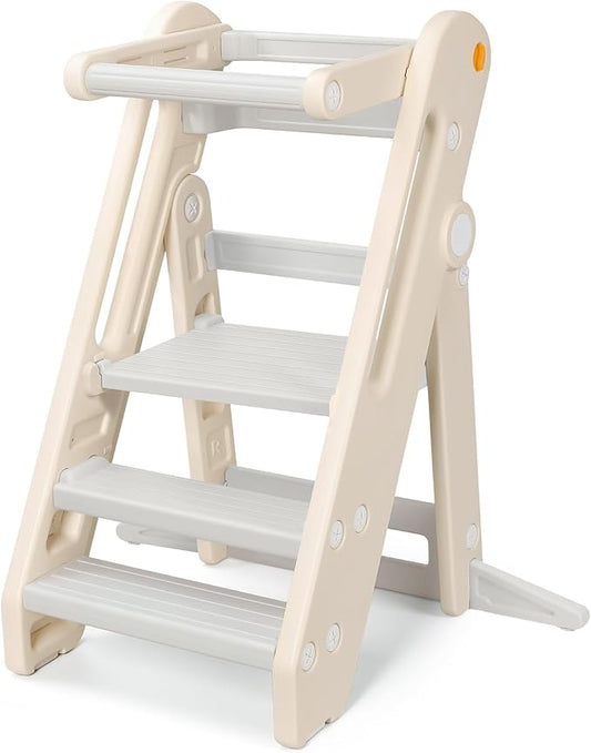 Onasti Toddler Tower Kitchen Stool Helper, Foldable & Adjustable Height Kids Learning Stool for Kitchen Counter Bathroom Sink, Child Ladder for Toddlers with Handles, Safty Rail, Non-Slip Pads-Grey