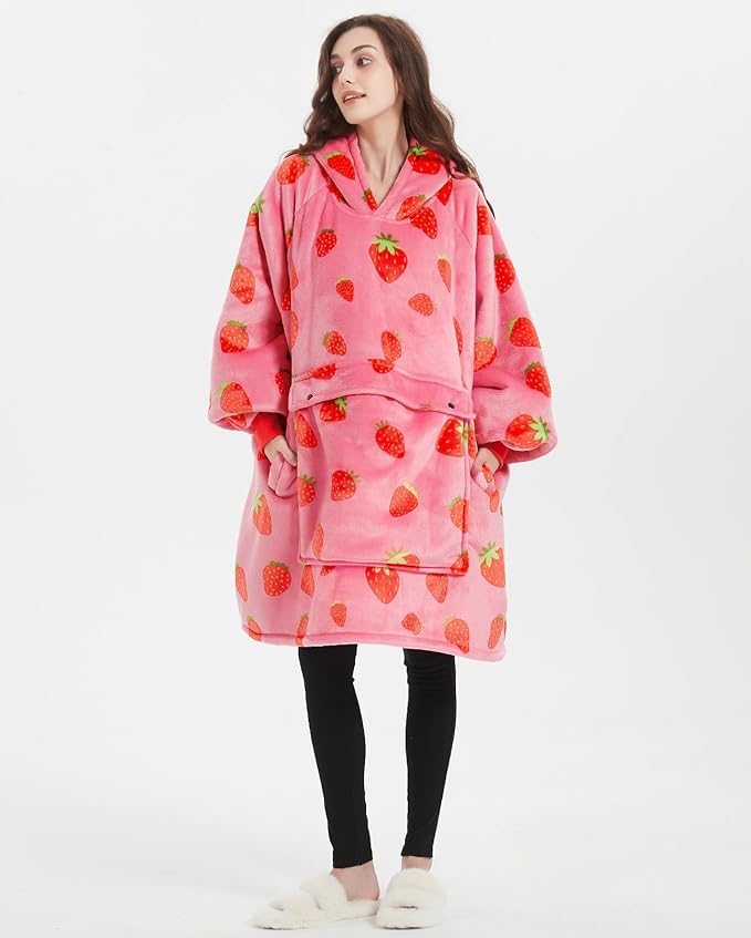KFUBUO Wearable Blanket Hoodie for Adults Sherpa All Patterns Oversized Sweatshirt Blanket with Pockets Cute Birthday Gifts for Sister Strawberry
