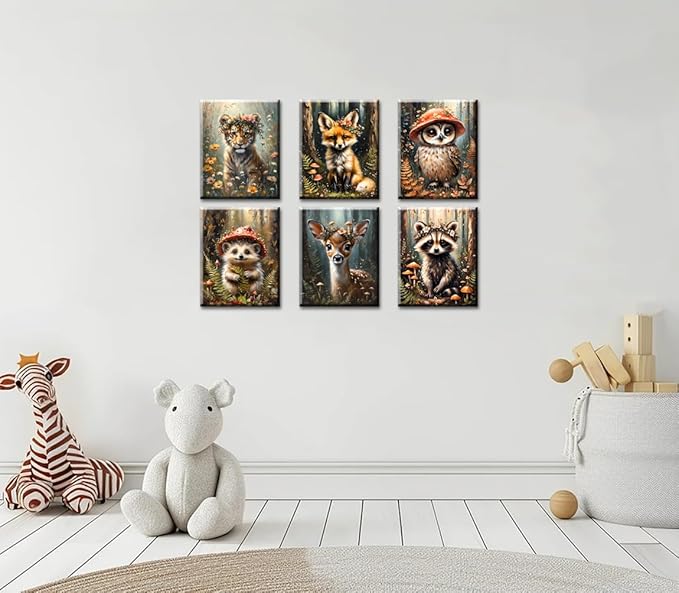 Framed Baby Safari Nursery Wall Decor,Baby Forest Animals Print,Farm Animals Themed Poster,Animal Wall Art Prints Set of 6 Poster,Jungle Farmhouse Room Decor(8"x10")