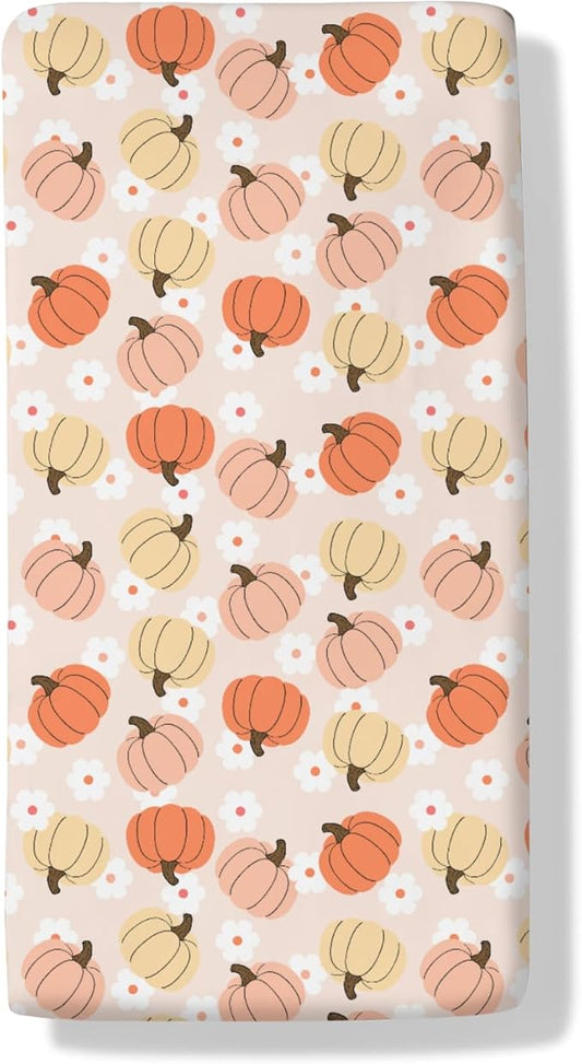 Autumn Pumpkin Boho Floral Baby Crib Sheets Fall Pumpkin Flowers Fitted Crib Mattress Cover Autumn Thanksgiving Harvest Toddler Baby Sheet for Standard Crib 28x52in