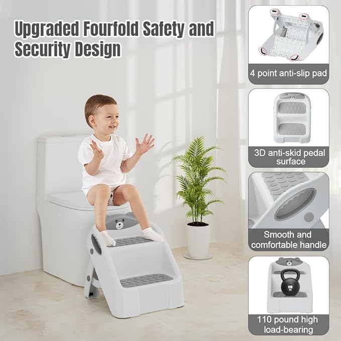 Step Stool for Toddlers, Toddler Step Stool for Bathroom Sink, Foldable Non-Slip Kids Stool with Handle, 2 Step Stools for Kids, Toddler Stool for Kitchen Bedroom Counter Sink (Grey)