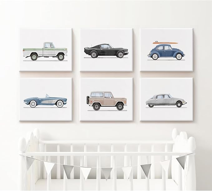 Blue Car Wall Art Decor Boys Room Wall Art Vintage Cars Canvas Poster Pictures Toddler Kids Room Prints Watercolor Vehicle Artwork Painting for Boys Bedroom Nursery 8x10 Inch Framed Set of 6