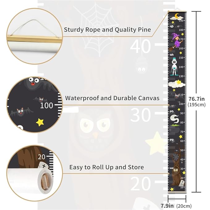 Baby Height Growth Chart - Canvas Height Chart for Kids Baby Child Toddler Boys Girls Growth Chart for Wall Room Nursery Decor Hangable and Removable Measuring Wall Ruler (Witch, Black Wood)