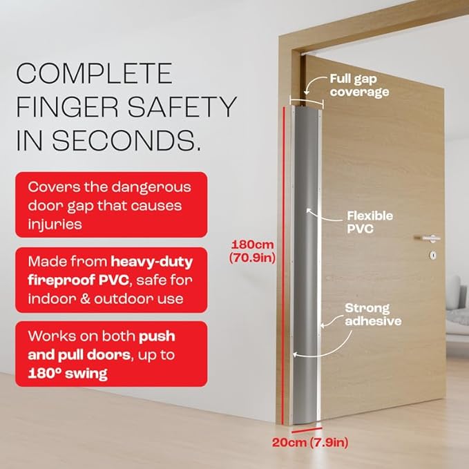 Door Finger Pinch Guard, Heavy Duty Child Safety Finger Protector for Door Hinges, Baby Proofing Jam Protector, Easy Install with Included Tape, Door Safety for Indoor/Outdoor, Gray, 2-Pack