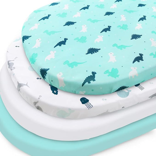 Baby Bassinet Fitted Sheets 4 Pack Compatible with 4moms MamaRoo Sleep, Regalo Baby Basics Bassinet and Chicco Close to You 3-in-1 Bedside, Ultra Soft and Skin-Friendly, Aqua Dinosaurs & White Ocean