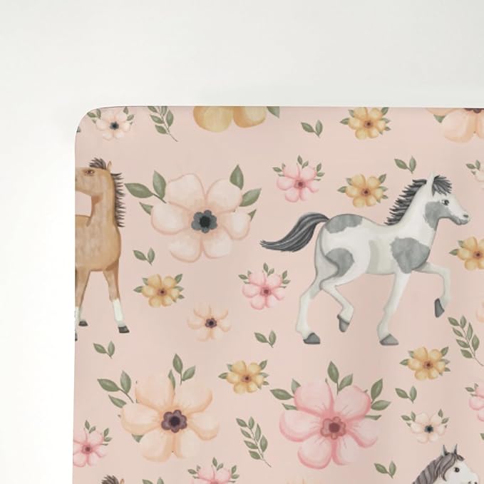 Watercolor Horse Floral Baby Crib Sheets for Boy Girl 52"x28" Running Horses Boho Flowers Soft Snug Fitted Crib Mattress Cover Wild Animals Baby Sheet for Standard Crib & Toddler Bed Mattress Pink