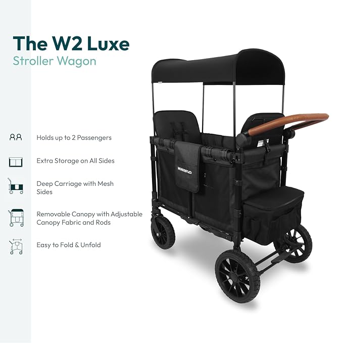 WONDERFOLD W2 Luxe Stroller Wagon (2 Seater) - Collapsible Wagon Stroller with Seats with Magnetic Buckle 5-Point Harnesses and Adjustable Sun Canopy, Volcanic Black