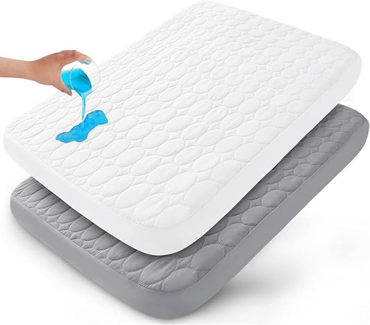 Pack and Play Sheets Fitted Quilted Waterproof Protector, 2 Pack Playard Mattress Pad Compatible with Graco Pack n Play, Mattress Cover fits for Baby Playpen Mattress, Mini Crib, Gray & White