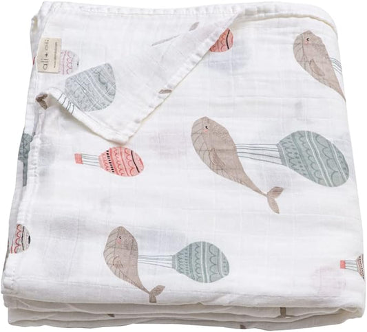 Ali+Oli Muslin Swaddle Blanket for Baby (Whales) Large 47" x 47" Soft Rayon Made from Bamboo & Organic Cotton, Machine Washable Receiving Blanket Wrap for Newborn to Toddler