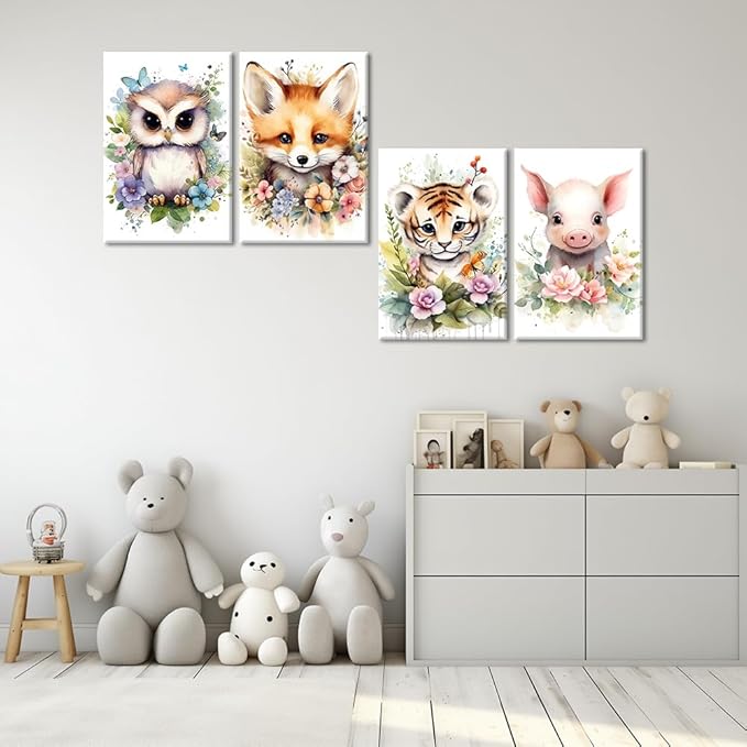 NAMENLAIMI Animal Wall Art Canvas Cute Owl Fox Tiger Pig Picture Prints Nursery Animals Paintings Animal with Flower Pictures Wall Decor for Kids Room Decor Frame(Animal-4,16.00" x 24.00" x 4Pcs)