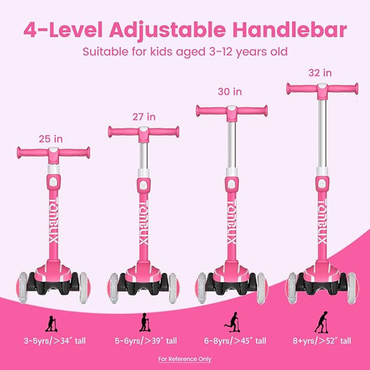 TONBUX Kids Scooter for Age 3-12, Toddler Scooter with 4 Adjustable Heights, Light Up 3-Wheels Scooter, Shock Absorption Design, Lean to Steer, Balance Training Scooter for Kids