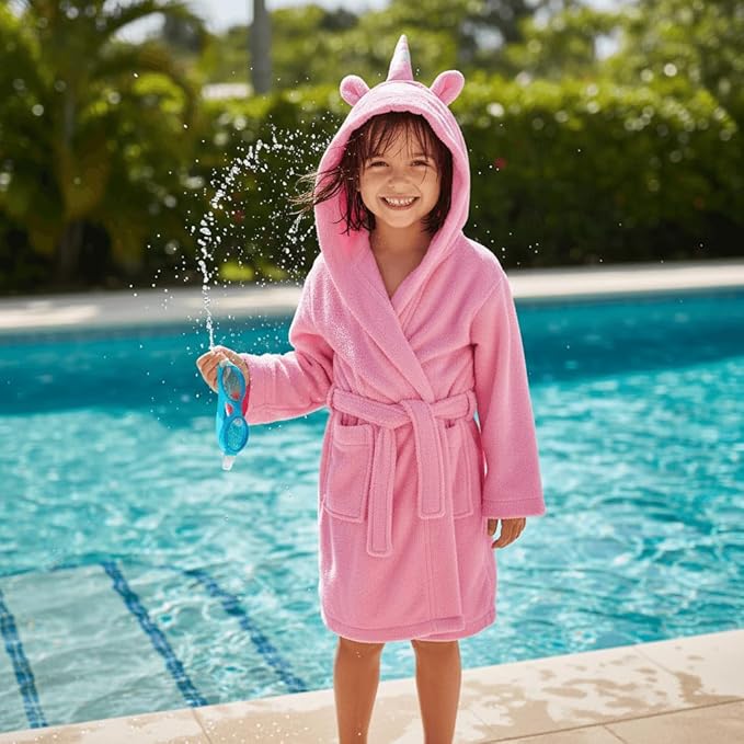 BAGNO MILANO Kids Organic Turkish Cotton Hooded Beach Cover-Up Towel, GOTS Certified, for Boys and Girls (Pink Unicorn, 5-6 Years)