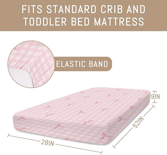 Watercolor Pink Bows Checkered Baby Crib Sheets for Girls Pastel Pink Bows Ribbon Plaid Soft Snug Fitted Crib Mattress Covers for 52''x28'' Standard Crib & Toddler Mattress Girly Valentine Bed Sheets