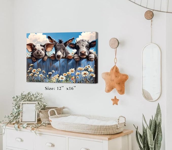 Farm Animals Canvas Wall Art Farmhouse Cow Donkey Pig Pictures Canvas Bathroom Decor Prints Painting,Rustic Animals Framed Artwork for Bedroom Living Room Kitchen Bathroom Decor12 x16
