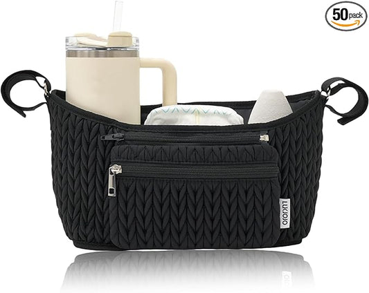 LUKJOJO Stroller Organizer - Stylish Quilting Nylon, Universal Fit, Detachable Bag, Adjustable Multi-Storage for Baby Stroller and Pet Stroller（Black-A