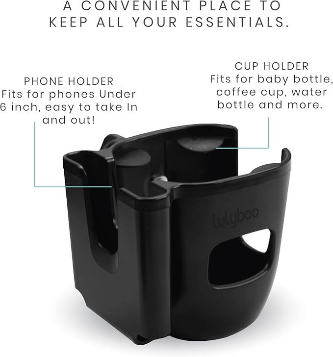 Lulyboo 2-in-1 Stroller Organizer with Phone & Cupholder, Adjustable, Rotatable, Lightweight & Durable, Fits All Phone Sizes & Beverage Bottles, Black