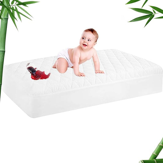 GRT 1 Pack Waterproof Crib Mattress Protector Rayon Made from Bamboo,Quilted Baby Mattress Cover Fitted Deep Pocket from 4" up to 9", Extra Breathable & Noiseless Toddler Mattress Pad 52"x28", White