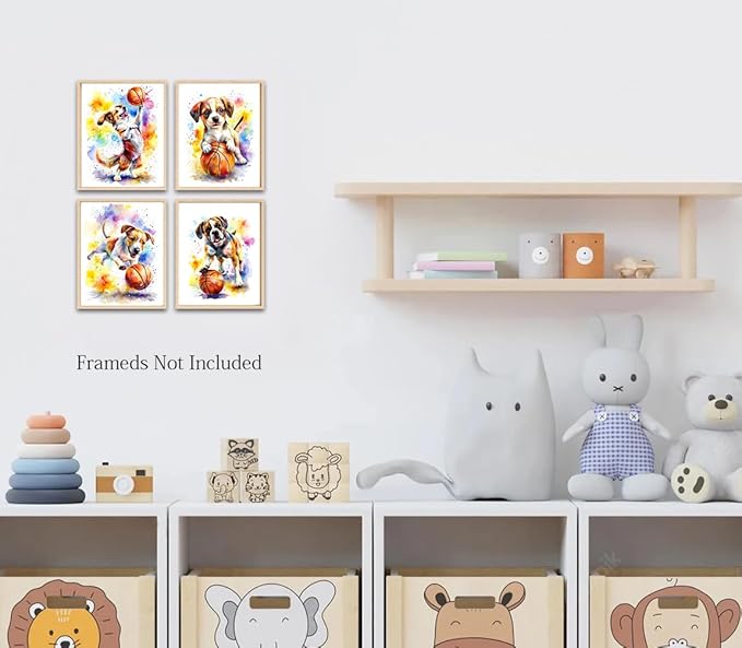 LNLAGBO Funny Dog Canvas Wall Art Prints,Watercolor Dog Plays Basketball Wall Art,Running Dogs Poster,Lovely Animal Decoration for Living Room Bedroom Office Set of 4(8"x10"Unframed)