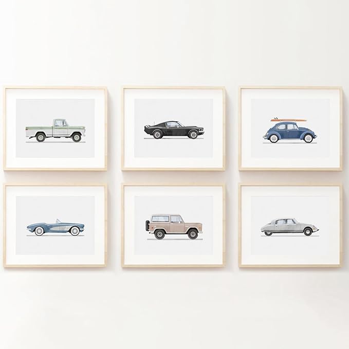 Blue Car Wall Art Decor Boys Room Wall Art Vintage Cars Canvas Poster Pictures Toddler Kids Room Prints Watercolor Vehicle Artwork Painting for Boys Bedroom Nursery 8x10 Inch Unframed Set of 6