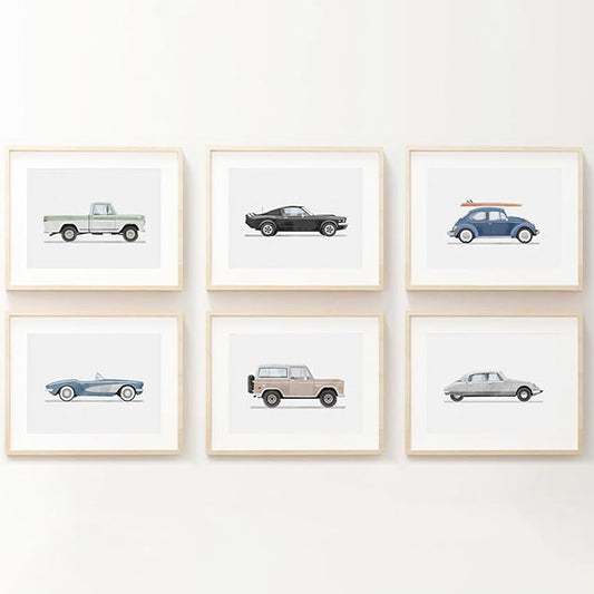 Blue Car Wall Art Decor Boys Room Wall Art Vintage Cars Canvas Poster Pictures Toddler Kids Room Prints Watercolor Vehicle Artwork Painting for Boys Bedroom Nursery 12x16 Inch Unframed Set of 6