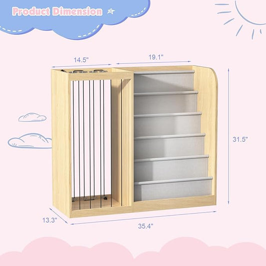 HedoAjim Natural Wood Kids Bookshelf & Stuffed Animal Net Holder Plush Toy Storage Organizer Child Bookcase Toddler Baby Sling Book Rack for Playroom Bedroom Nursery Infant Boys Girls Preschool