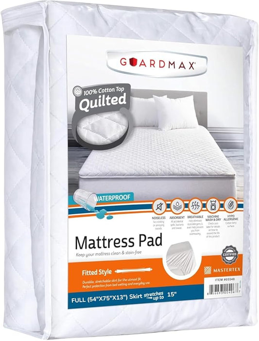Guardmax Waterproof Quilted Fitted Mattress Pad | Hypoallergenic Cover | Breathable, Noiseless Barrier | Full (54 x 75 x 13)