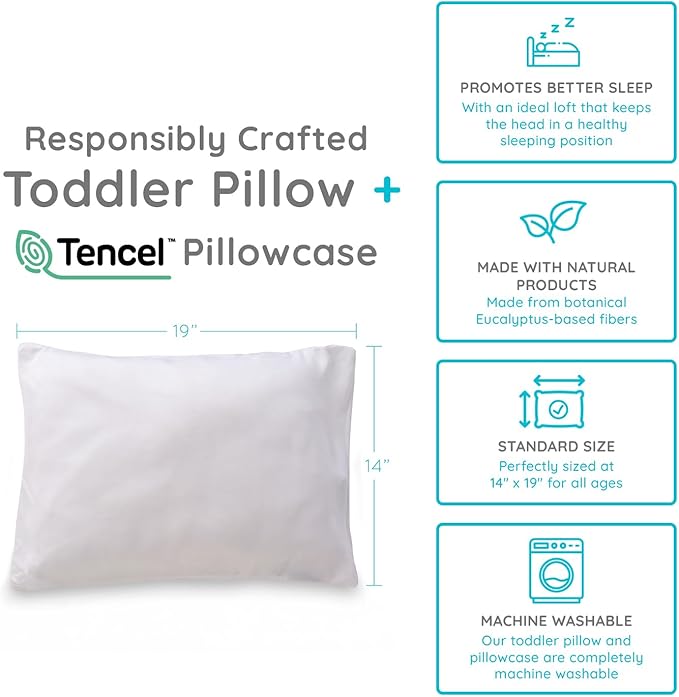 PUREgrace Tencel Toddler Pillow and Pillowcase Set – Organic Cotton Shell, Washable and Soft for Kids Ages 2-5, Perfect Size for Travel (14” x 19”)