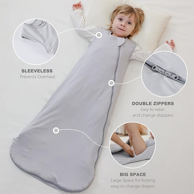 Mosebears Unisex Rayon Made from Bamboo Sleep Sack with 2-Way Zipper,2.5 Tog Baby Winter Sleep Sack (Light Grey,18-36 Months)