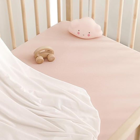 GRSSDER Jersey Crib Sheets for Girls, Stretchy Ultra Soft Crib Fitted Sheets Set 2 Pack, Universal Fit All Standard Crib Mattress Pads Safe and Snug, White/Pink
