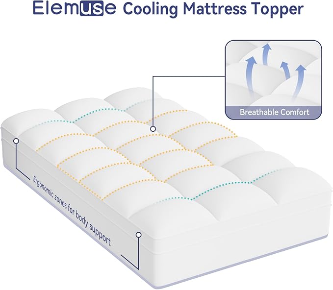 ELEMUSE Twin XL Mattress Topper for College Dorm, Thick Extra Long Twin Mattress Pad Cover for Back Pain, Plush Soft Pillowtop with Elastic Deep Pocket, Overfilled Down Alternative Filling