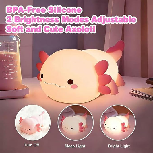 Cute Axolotl Night Light for Kids Bedroom, Animal Silicone Nursery Night Lamp Touch Control Nightlights USB Rechargeable Bedside Lamp for Baby Children Toddlers Girls Gift (pink Axolotl 1)