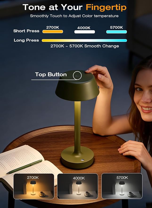 Light Worthy Cordless Rechargeable Table Lamp with Power Charger,Portable LED Desk Lamp,5000mAh Battery Operated,2700K-5700K Tunable,Stepless Dimming for Bedroom Bedside Touch Night Light,Green