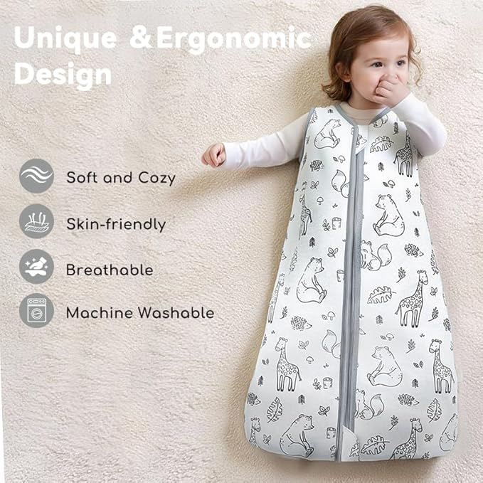 Baby Sleep Sack 12-18 Months 1.5 TOG, 2 Pack Bamboo Baby Wearable Blanket with 2-Way Zipper, Infant Toddler Sleeping Sack for Newborn Boys and Girls, Animals & Grey