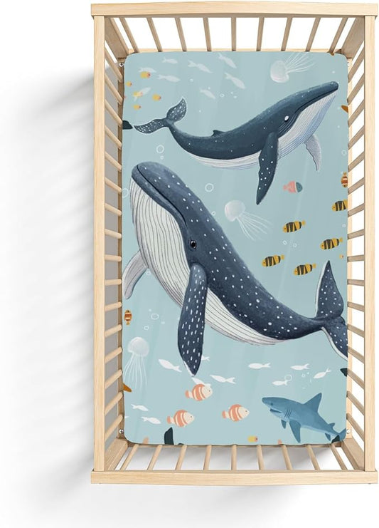Boho Ocean Animals Baby Crib Sheets Boy Girl 28"x52" Whale Shark Jellyfish Coral Seaweed Soft Snug Fitted Crib Mattress Cover Nautical Coastal Marine Baby Sheet for Standard Crib & Toddler Mattress