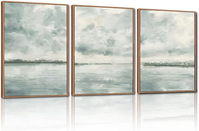 CHDITB Watercolor Sky Cloud Framed Canvas Wall Art Set, Pastel Shapes Illustrations Cloudy Wall Decor, Neutral Minimal Wall Painting, Blue Gray Ocean Art Prints For Living Room Bedroom Office Decor 16"x24"x3