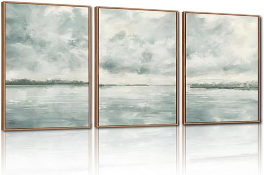 CHDITB Watercolor Sky Cloud Framed Canvas Wall Art Set, Pastel Shapes Illustrations Cloudy Wall Decor, Neutral Minimal Wall Painting, Blue Gray Ocean Art Prints For Living Room Bedroom Office Decor 16"x24"x3