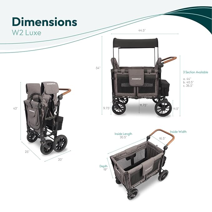 WONDERFOLD W2 Luxe Double Stroller Wagon (2 Seater) - Collapsible Wagon Stroller with Seats with Magnetic Buckle 5-Point Harnesses and Adjustable Sun Canopy, Charcoal Gray